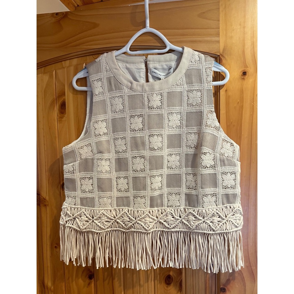Tuckernuck x English Factory Crochet Lace Patchwork Tank Beige Fringe Top L NWT - Picture 4 of 8